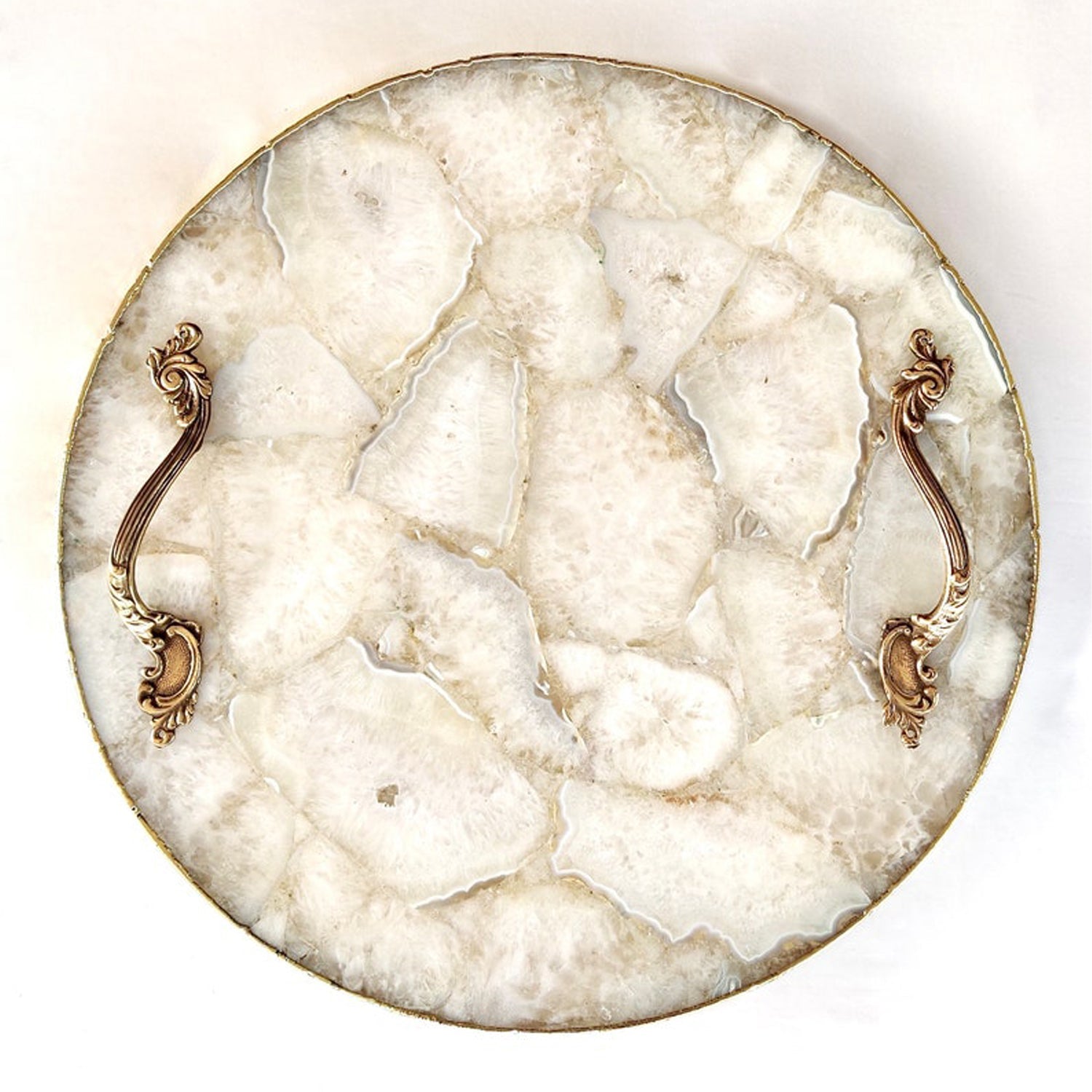 White Agate Serving Tray With Brass Handles | Circular |